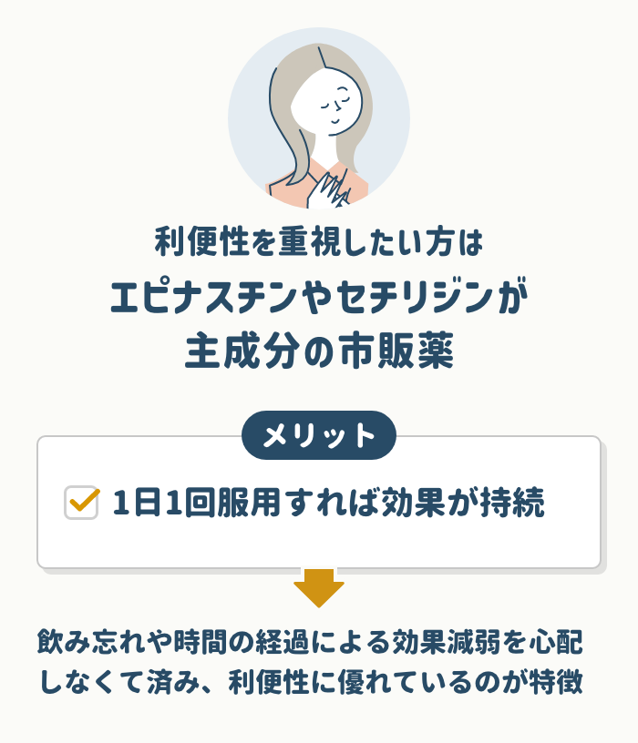 アレロックと同じ第二世代抗ヒスタミン剤の中でも利便性を重視したい方は【エピナスチンやセチリジン】が主成分の市販薬