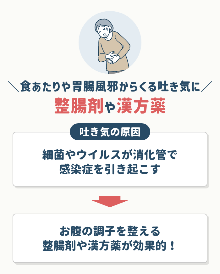 食あたりや胃腸風邪からくる吐き気の場合は【整腸剤や漢方薬】
