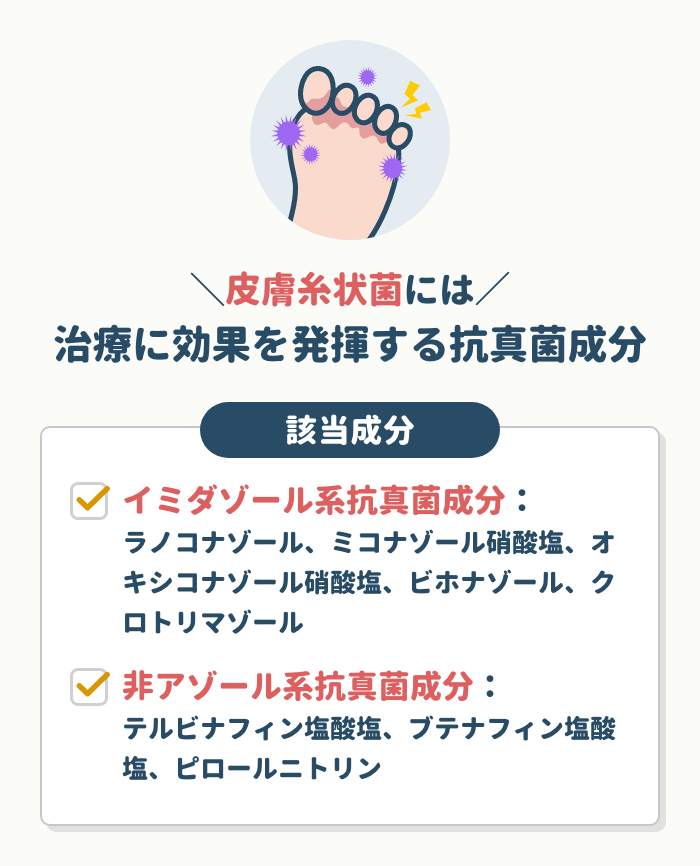皮膚糸状菌に効果的な抗真菌成分で選ぶ。ラノコナゾール、テルビナフィン、ミコナゾールなどを