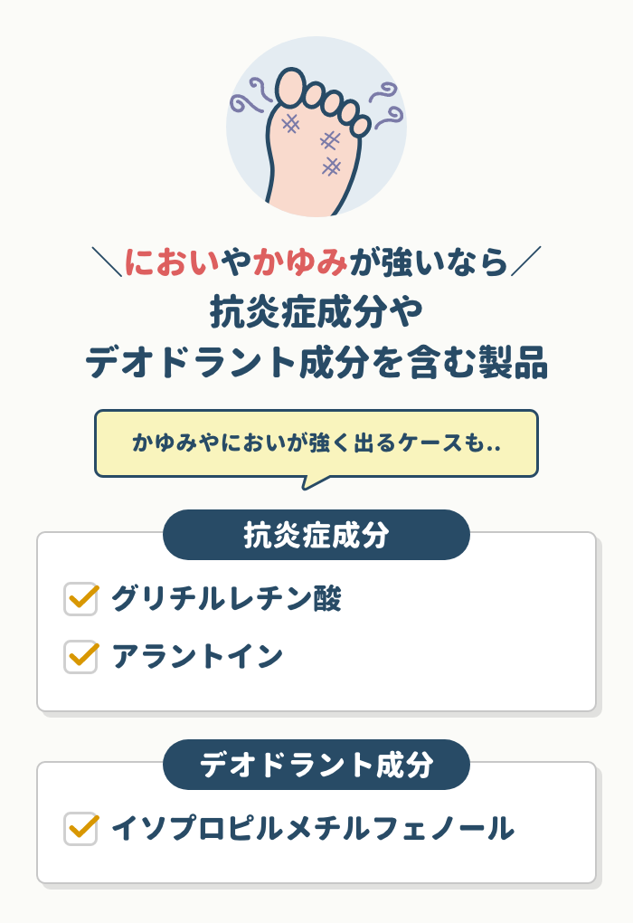 においやかゆみが強いなら、抗炎症成分やデオドラント成分を含む製品を。主成分+αで選ぶ