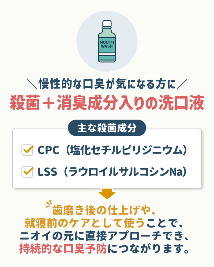 慢性的な口臭が気になる方には殺菌+消臭成分入りの洗口液を
