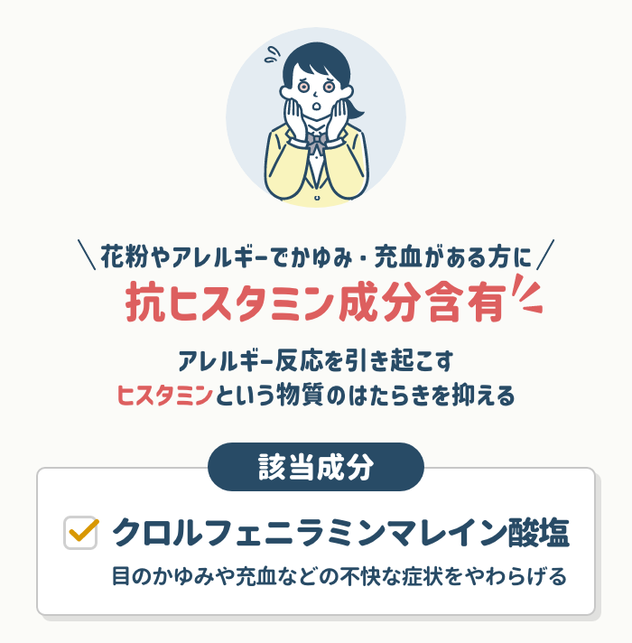 花粉やアレルギーでかゆみ・充血がある方には抗ヒスタミン成分含有