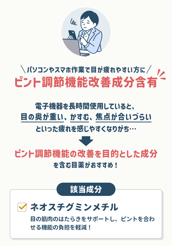 パソコンやスマホ作業で目が疲れやすい方にはピント調節機能改善成分含有