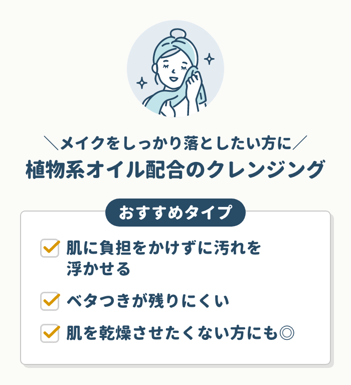 メイクをしっかり落としたい方には植物系オイル配合のクレンジング