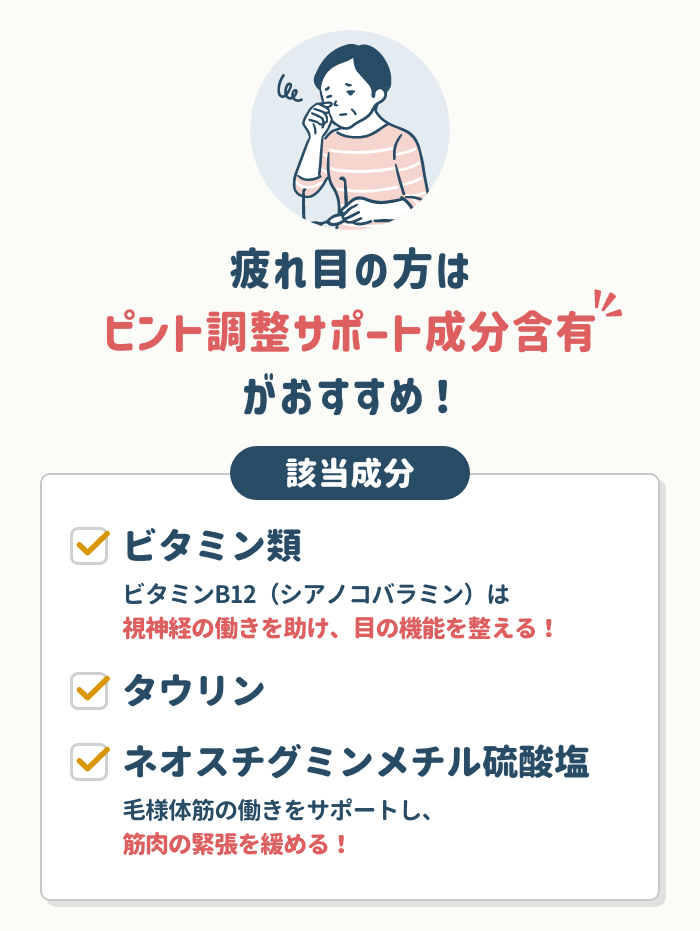 ピント調節機能をサポートする成分で選ぶ。ビタミン類やタウリンを含むものを。