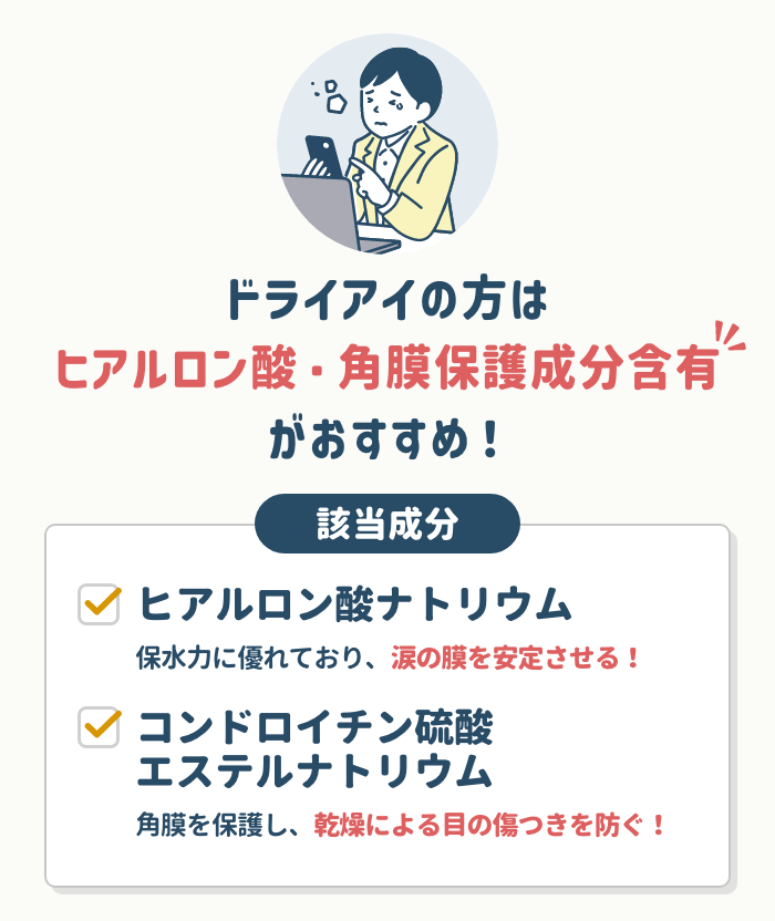 ヒアルロン酸や角膜保護成分で選ぶ。乾燥が気になる目にうるおいを。